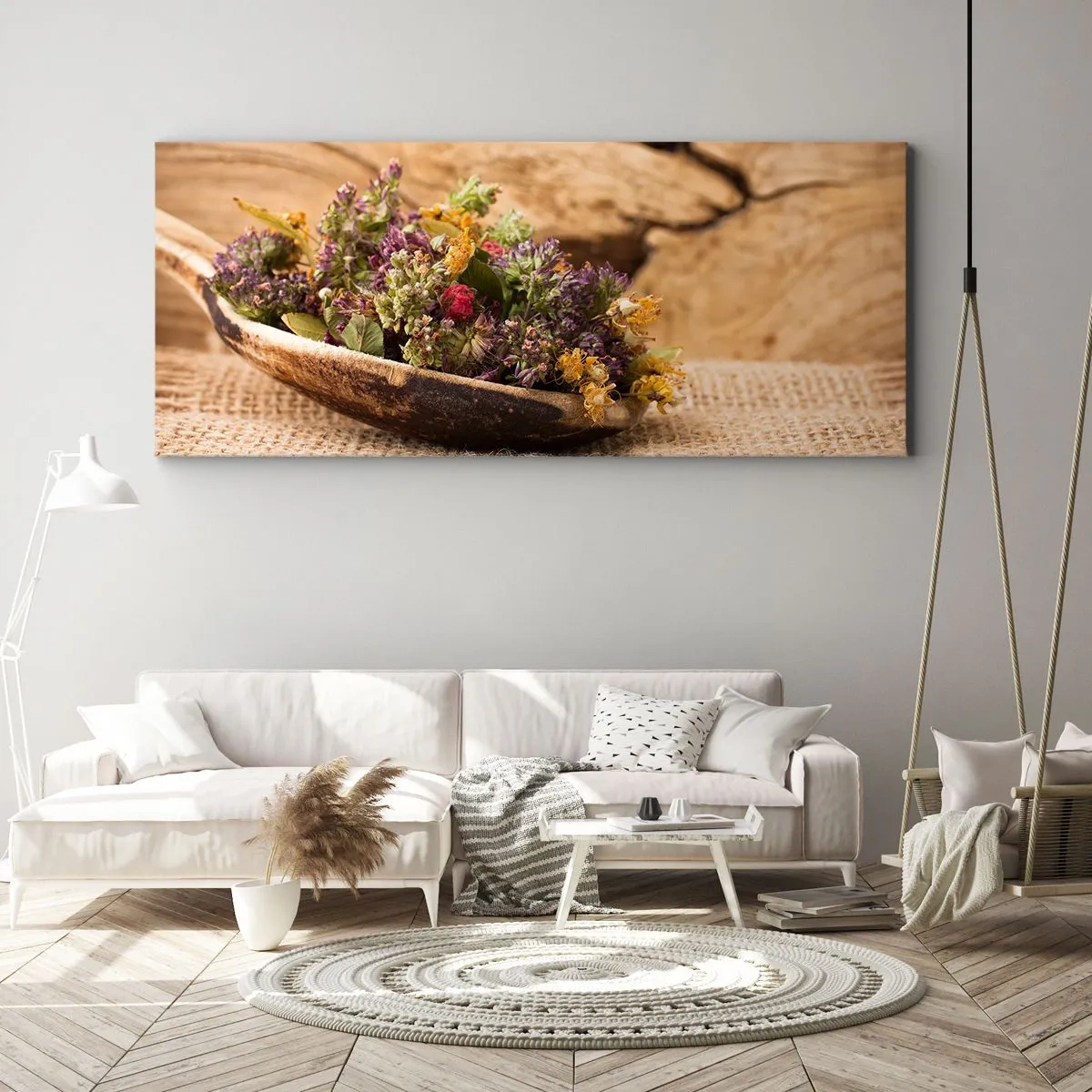 Cuadro sobre lienzo - Impresión de Imagen - Hierbas secas en una cuchara de madera sobre un fondo de madera natural. - 120x50cm - Flores coloridas y hierbas aromáticas - Decoración de pared moderna para salón y dormitorio ARTTOR