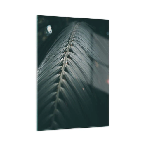 Cuadro sobre vidrio - Impresiones sobre Vidrio - Primer plano de una hoja de palma verde oscuro con reflejo de luz. - 50x70cm - La precisión de la naturaleza - Decoración de pared moderna para salón y dormitorio ARTTOR