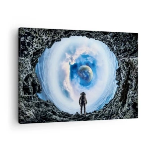 Cuadro sobre lienzo - Impresión de Imagen - Astronauta frente a un paisaje espacial con la Tierra al fondo - 70x50cm - No muy lejos de casa - Decoración de pared moderna para salón y dormitorio ARTTOR