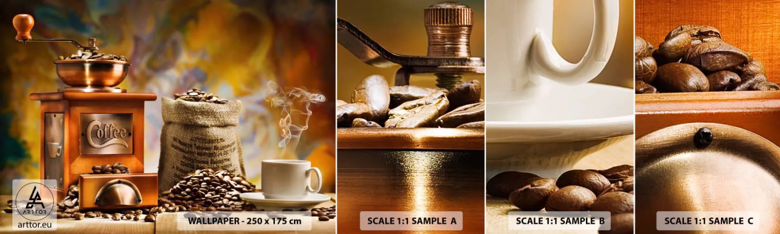 Muestra De Fotomural Standard Eco - El crujido de los granos, el ruido del molino - Gastronomía, Café, molinillo de cafe - 100x30 cm