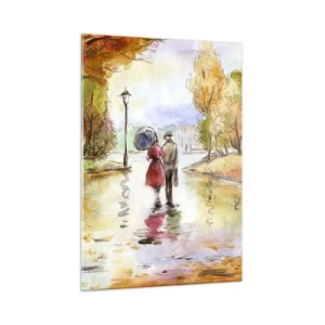 Cuadro sobre vidrio - Impresiones sobre Vidrio - Un paseo otoñal de una pareja por un parque con hojas de colores. - 50x70cm - Un otoño romántico en el parque - Decoración de pared moderna para salón y dormitorio ARTTOR