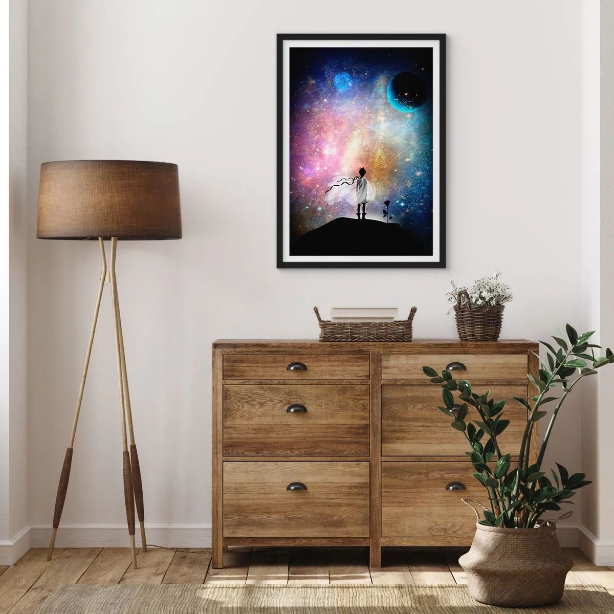 Póster en marco negro - Una fantástica escena espacial con la silueta de un personaje y una rosa. - 50x70cm - El principito - Decoración de pared moderna para salón y dormitorio ARTTOR