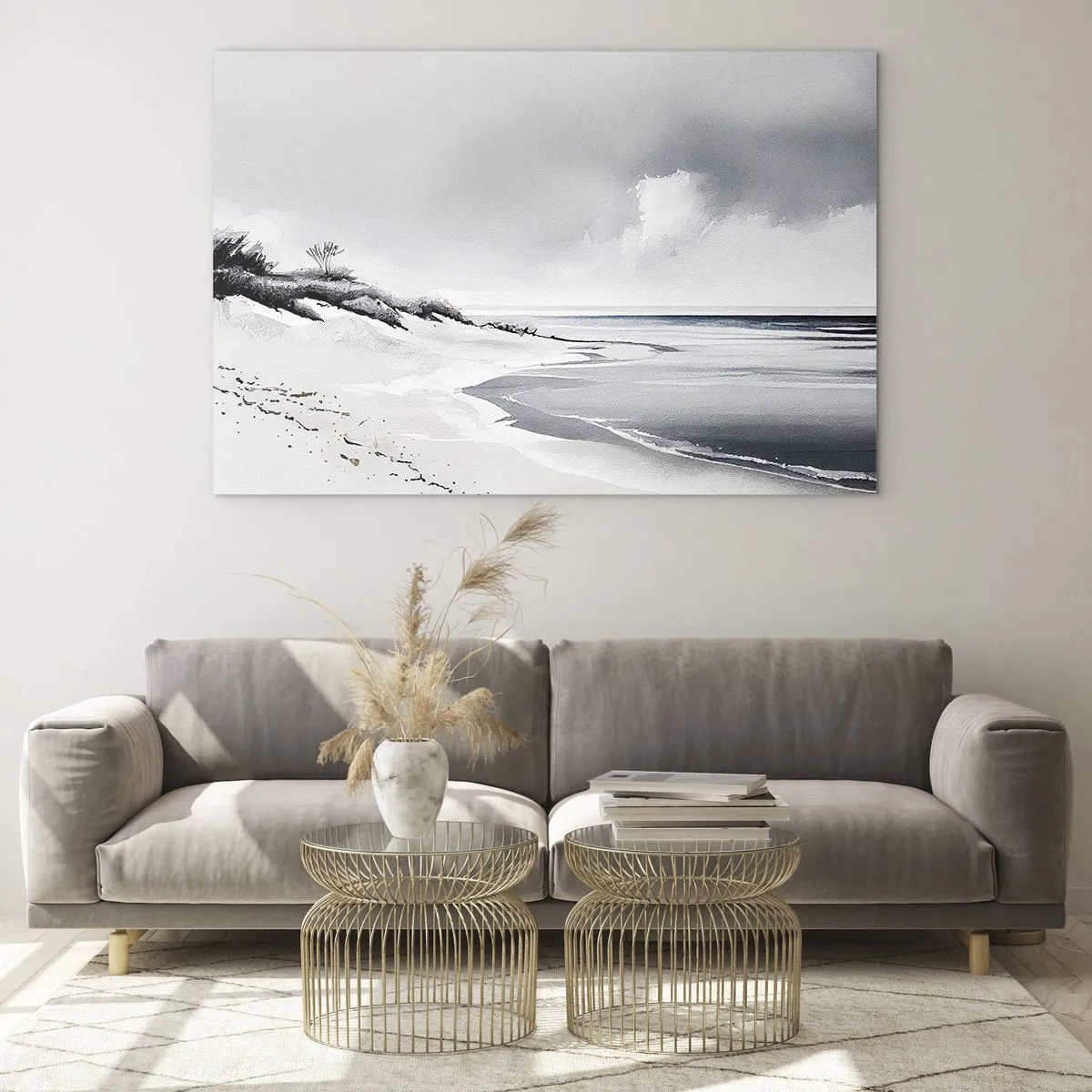 Cuadro sobre vidrio - Impresiones sobre Vidrio - Playa blanca y negra con horizonte y mar en calma. - 70x50cm - Juntos desde el principio de los tiempos - Decoración de pared moderna para salón y dormitorio ARTTOR