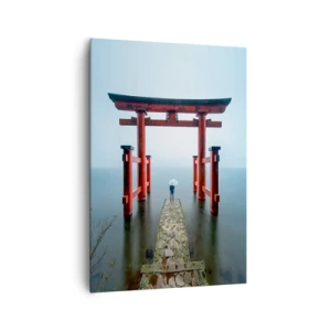 Cuadro sobre lienzo - Impresión de Imagen - Una puerta torii con vistas a un lago tranquilo en Japón - 70x100cm - Ensueño japonés - Decoración de pared moderna para salón y dormitorio ARTTOR