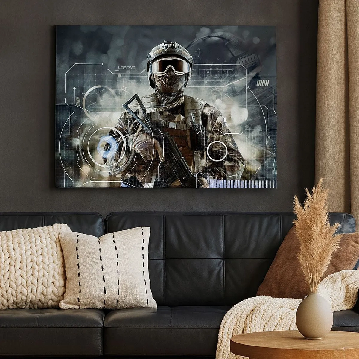 Cuadro sobre lienzo - Impresión de Imagen - Un soldado con un casco futurista y una pistola en un fondo de tecnología. - 70x50cm - De poder a poder - Decoración de pared moderna para salón y dormitorio ARTTOR