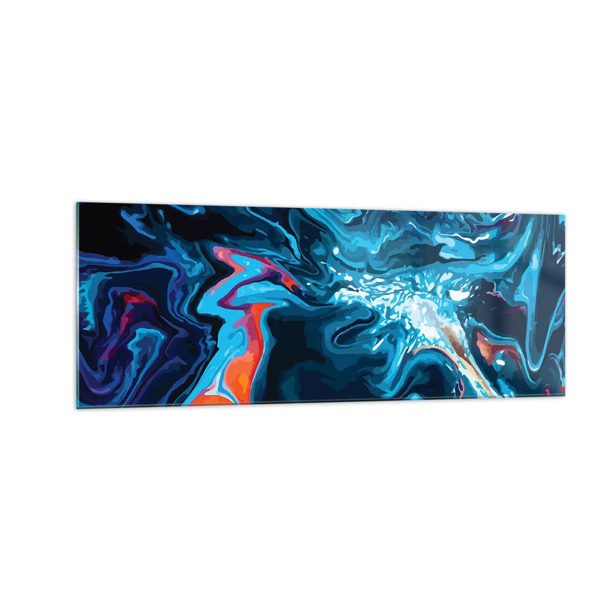 Cuadro sobre vidrio - Impresiones sobre Vidrio - Un patrón abstracto en tonos azules con acentos naranjas. - 140x50cm - Un viaje al cielo - Decoración de pared moderna para salón y dormitorio ARTTOR