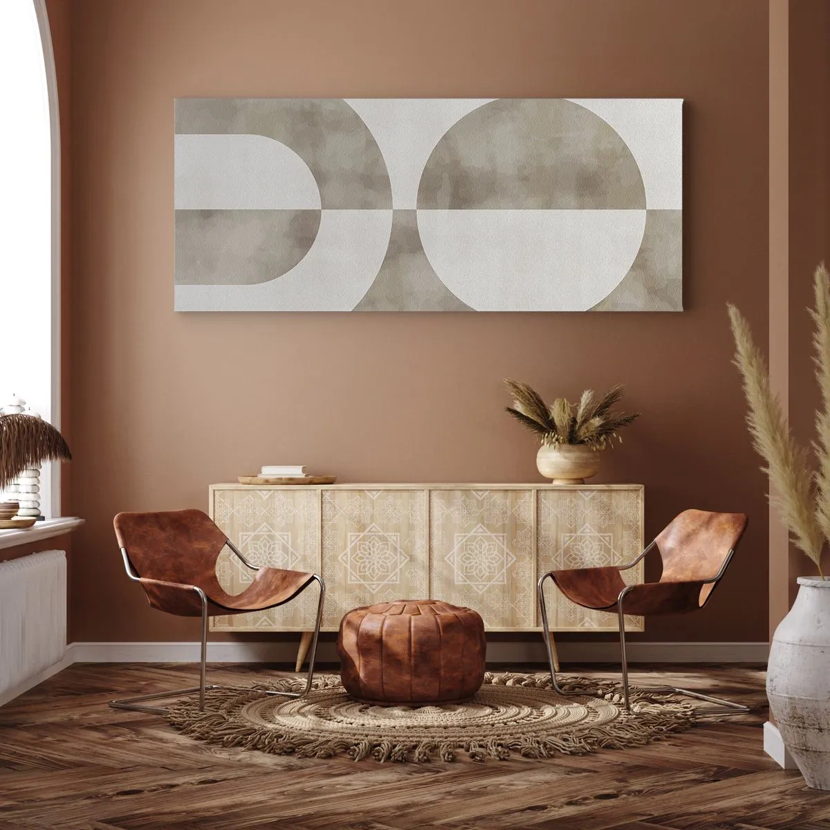 Cuadro sobre lienzo - Impresión de Imagen - Un cuadro abstracto en tonos beige con formas geométricas y simetría. - 160x50cm - Similitudes y diferencias - Decoración de pared moderna para salón y dormitorio ARTTOR