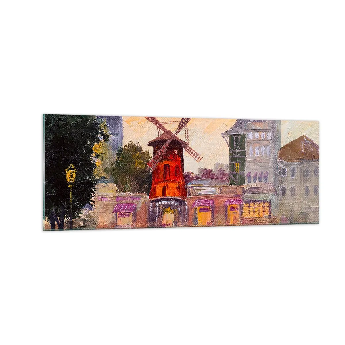 Cuadro sobre vidrio - Impresiones sobre Vidrio - El molino de viento rojo del Moulin Rouge rodeado del paisaje urbano - 140x50cm - Iconos parisinos - Moulin Rouge - Decoración de pared moderna para salón y dormitorio ARTTOR