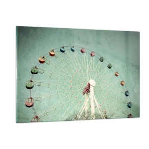 Cuadro sobre vidrio - Impresiones sobre Vidrio - Una noria colorida sobre un fondo verde pastel - 120x80cm - Te invitamos a jugar - Decoración de pared moderna para salón y dormitorio ARTTOR