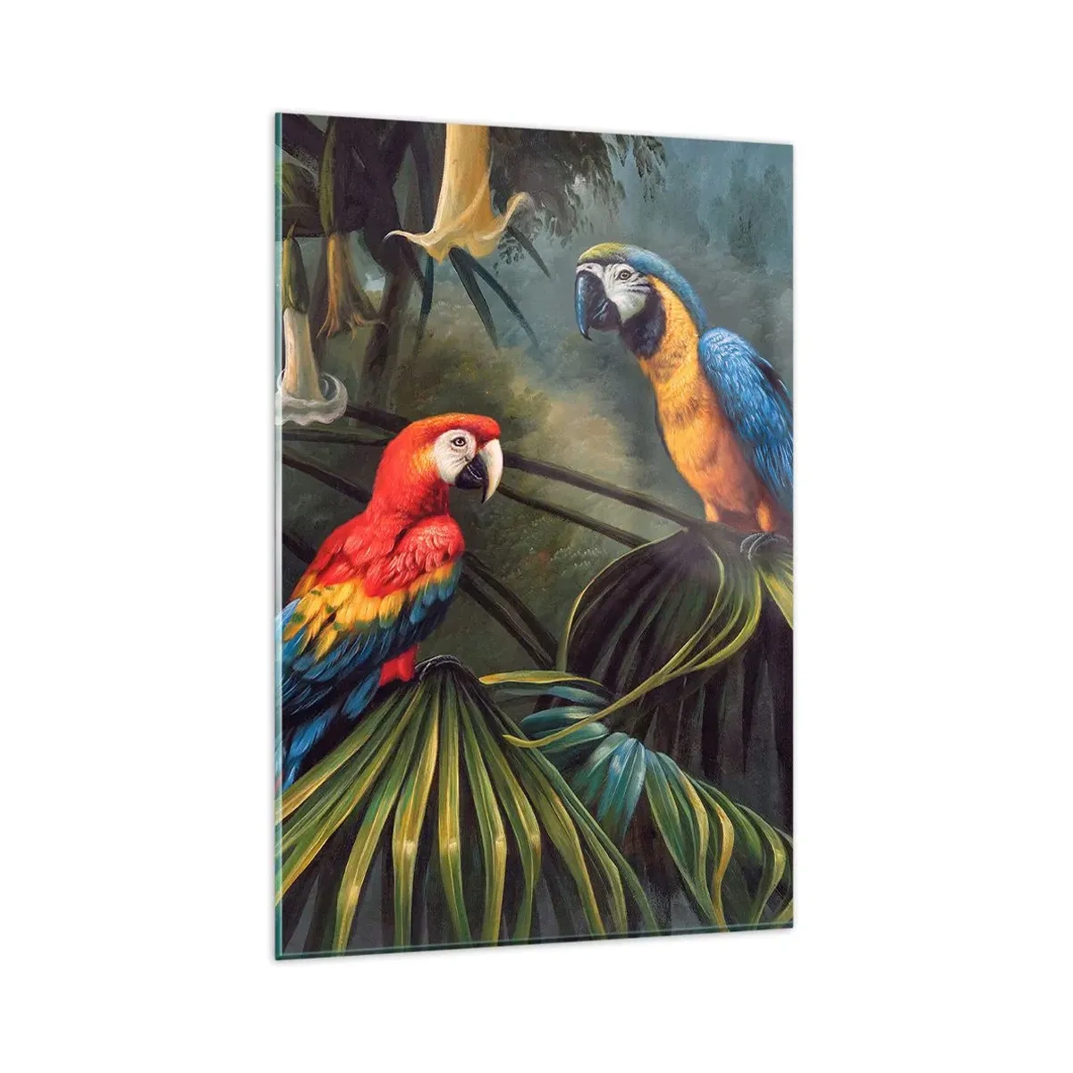 Cuadro sobre vidrio - Impresiones sobre Vidrio - Loros en un bosque tropical con flores exóticas al fondo. - 80x120cm - Romanticismo en los trópicos - Decoración de pared moderna para salón y dormitorio ARTTOR