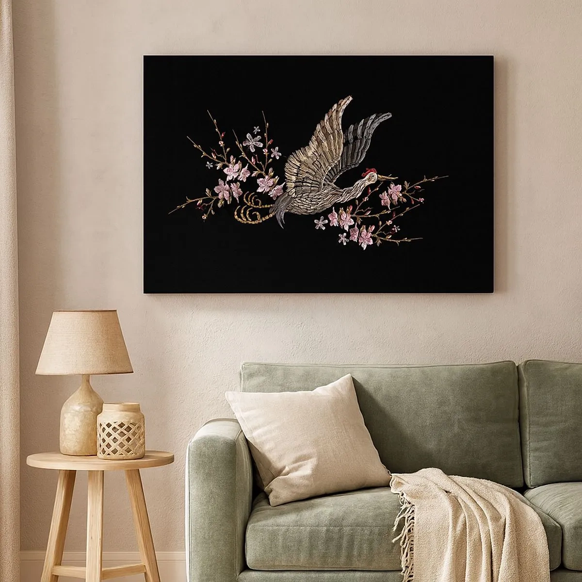Cuadro sobre lienzo - Impresión de Imagen - Un pájaro en vuelo con flores sobre un fondo negro. - 70x50cm - Ave florida - Decoración de pared moderna para salón y dormitorio ARTTOR