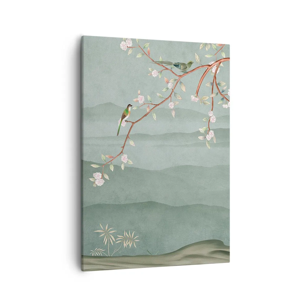 Cuadro sobre lienzo - Impresión de Imagen - Una imagen pintoresca de la rama de un árbol en flor con pájaros sobre un fondo de colinas verdes. - 50x70cm - Primavera, ah, eres tú - Decoración de pared moderna para salón y dormitorio ARTTOR