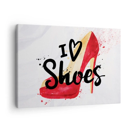 Cuadro sobre lienzo - Impresión de Imagen - Stiletto rojo con la inscripción I love Shoes sobre fondo blanco - 70x50cm - El amor tiene más de un nombre - Decoración de pared moderna para salón y dormitorio ARTTOR