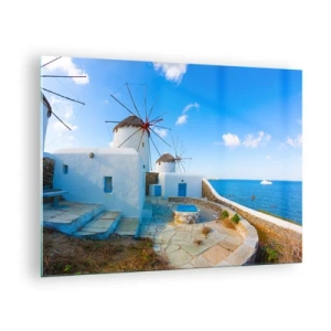 Cuadro sobre vidrio - Impresiones sobre Vidrio - Molinos de viento en la costa del Egeo - 70x50cm - Viento azul marino - Decoración de pared moderna para salón y dormitorio ARTTOR