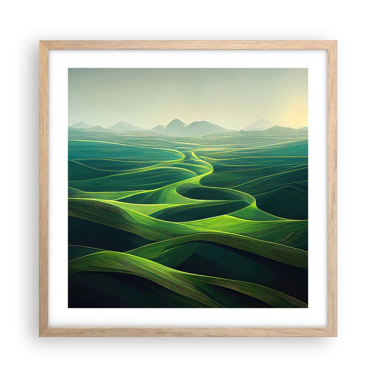 Póster en marco roble claro - Valles en tonos verdes - 50x50 cm