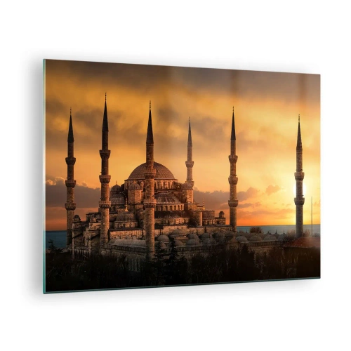 Cuadro sobre vidrio - Impresiones sobre Vidrio - La Mezquita Azul con el atardecer como telón de fondo - 70x50cm - Dios es grande - Decoración de pared moderna para salón y dormitorio ARTTOR
