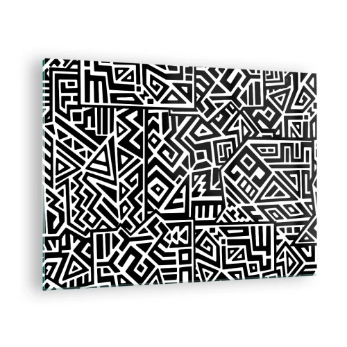 Cuadro sobre vidrio - Impresiones sobre Vidrio - Patrón en blanco y negro inspirado en el arte tribal. - 70x50cm - Composición precolombina - Decoración de pared moderna para salón y dormitorio ARTTOR