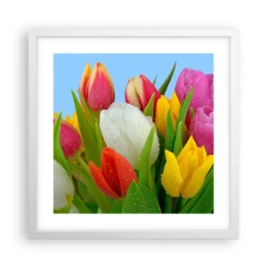 Póster en marco blanco - Arco iris floral en gotas de rocío - 40x40 cm