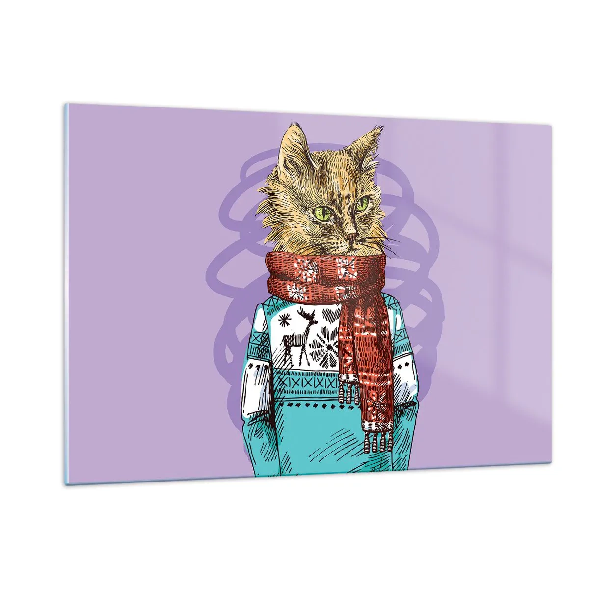Cuadro sobre vidrio - Impresiones sobre Vidrio - Un gato con un suéter y una bufanda sobre un fondo morado. - 120x80cm - El gato no solo tenía botas - Decoración de pared moderna para salón y dormitorio ARTTOR