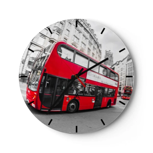 Reloj de pared - Reloj de vidrio - Un autobús rojo en Londres con edificios históricos al fondo. - 30x30cm - Londres tradicional - en autobús - Decoración de pared moderna para salón, cocina y dormitorio ARTTOR