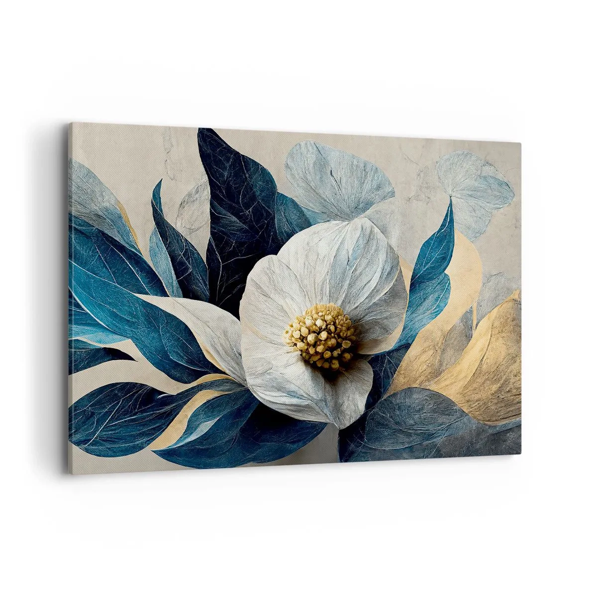 Cuadro sobre lienzo - Impresión de Imagen - Una flor con hojas azules sobre un fondo elegante. - 100x70cm - Con un corazón de oro - Decoración de pared moderna para salón y dormitorio ARTTOR