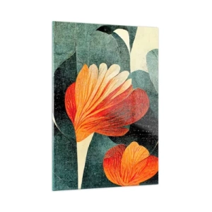 Cuadro sobre vidrio - Impresiones sobre Vidrio - Flores naranjas sobre un fondo de hojas verde oscuro. - 50x70cm - El calor del trópico y el frescor del verdor - Decoración de pared moderna para salón y dormitorio ARTTOR