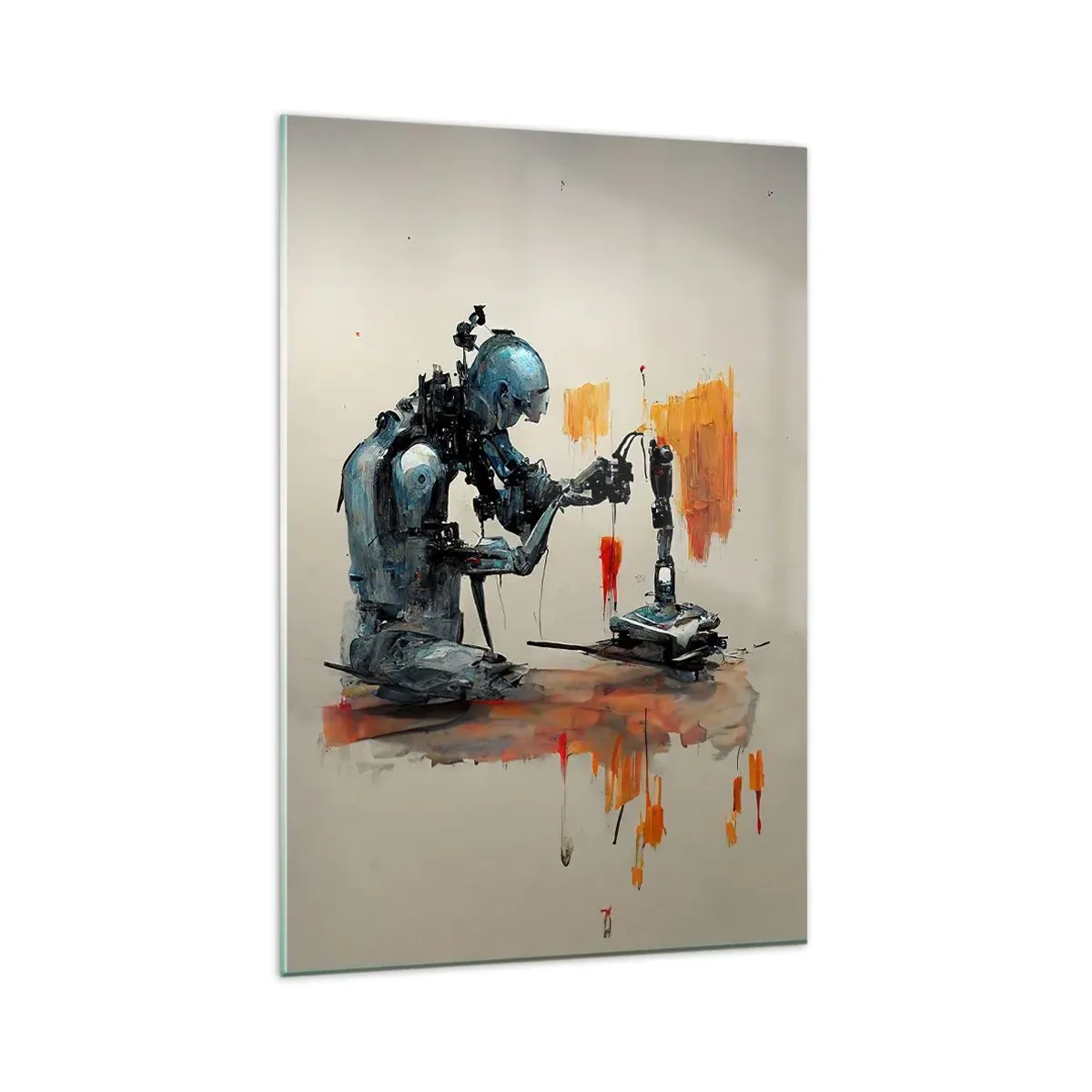 Cuadro sobre vidrio - Impresiones sobre Vidrio - Robot trabajando con fondo abstracto - 80x120cm - Próximamente... - Decoración de pared moderna para salón y dormitorio ARTTOR