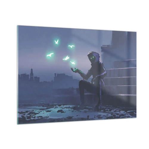 Cuadro sobre vidrio - Impresiones sobre Vidrio - Una figura en la oscuridad rodeada de pájaros verdes flotantes. - 100x70cm - La vida volverá - Decoración de pared moderna para salón y dormitorio ARTTOR