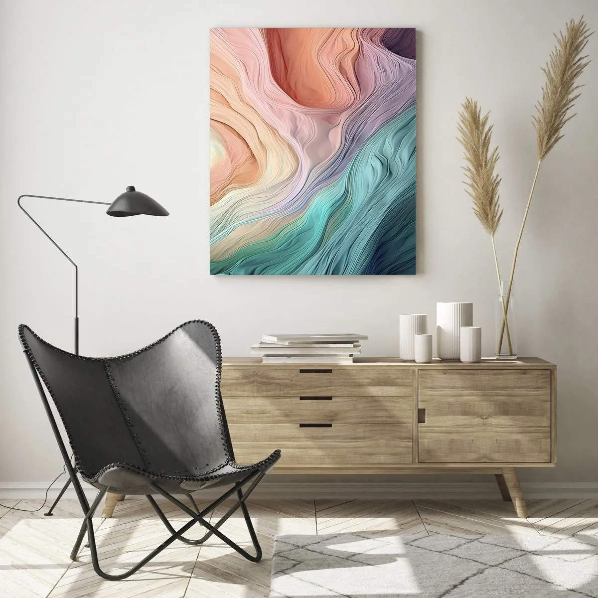 Cuadro sobre vidrio - Impresiones sobre Vidrio - Ondas abstractas en colores pastel y arcoíris - 80x120cm - Ola arco iris - Decoración de pared moderna para salón y dormitorio ARTTOR