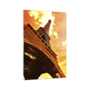 Cuadro sobre vidrio - Impresiones sobre Vidrio - La Torre Eiffel contra un cielo dorado durante la puesta de sol - 70x100cm - Monumental, dorado por el sol - Decoración de pared moderna para salón y dormitorio ARTTOR