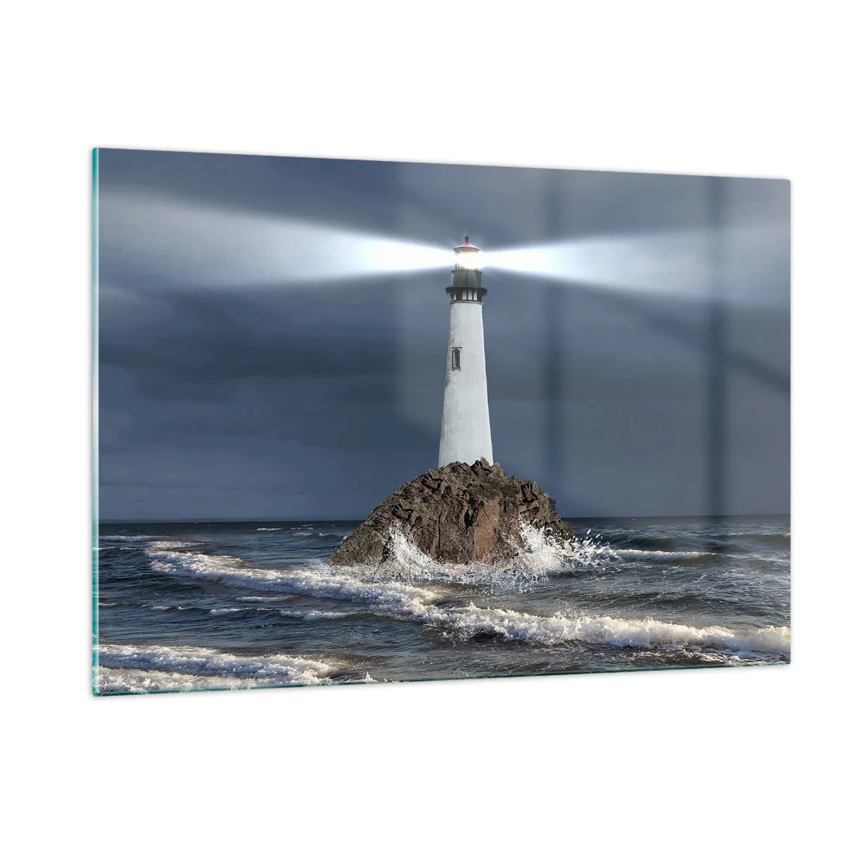 Cuadro sobre vidrio - Impresiones sobre Vidrio - Un faro en una roca en medio de las fuertes olas de la noche. - 120x80cm - ¡Aquí... aquí... aquí! - Decoración de pared moderna para salón y dormitorio ARTTOR