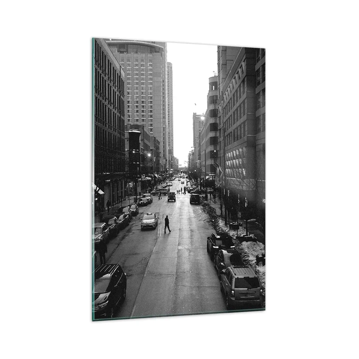 Cuadro sobre vidrio - Impresiones sobre Vidrio - Una calle en blanco y negro en el centro de la ciudad con coches y peatones. - 80x120cm - Un día como otro cualquiera - Decoración de pared moderna para salón y dormitorio ARTTOR