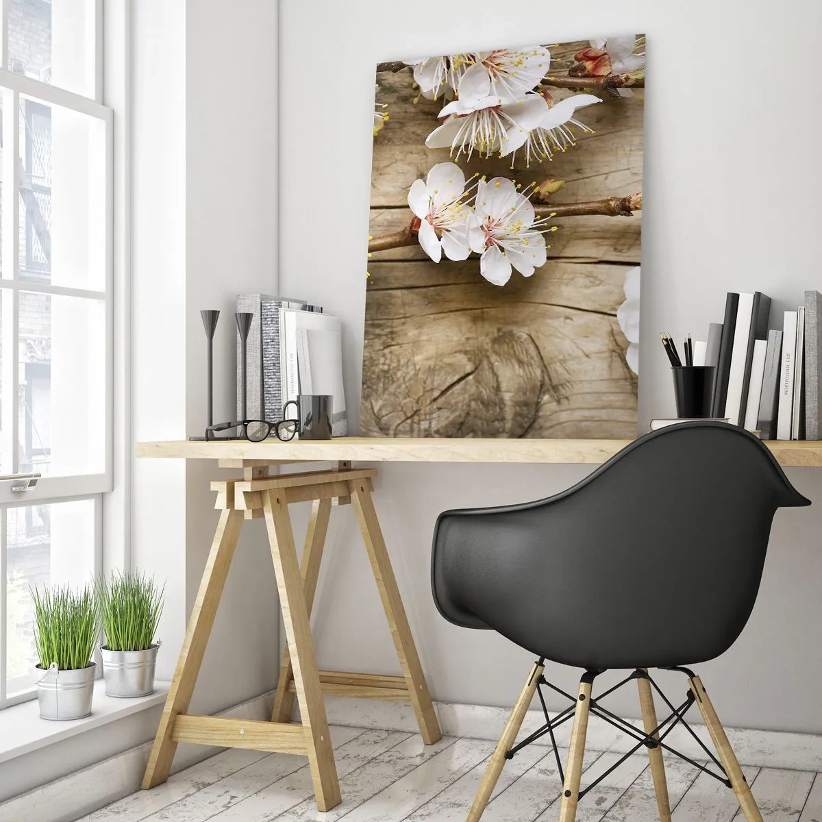 Cuadro sobre vidrio - Impresiones sobre Vidrio - Ramas de cerezos en flor sobre un fondo de tabla de madera - 70x100cm - Se acerca la primavera - Decoración de pared moderna para salón y dormitorio ARTTOR