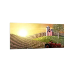 Cuadro sobre vidrio - Impresiones sobre Vidrio - Paisaje rural con un granero rojo, un tractor y el amanecer. - 120x50cm - Una granja como un cuento de hadas - Decoración de pared moderna para salón y dormitorio ARTTOR