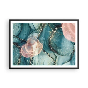 Póster en marco negro - Una composición abstracta en tonos turquesa y dorado. - 100x70cm - Seda azul, tul rosa - Decoración de pared moderna para salón y dormitorio ARTTOR
