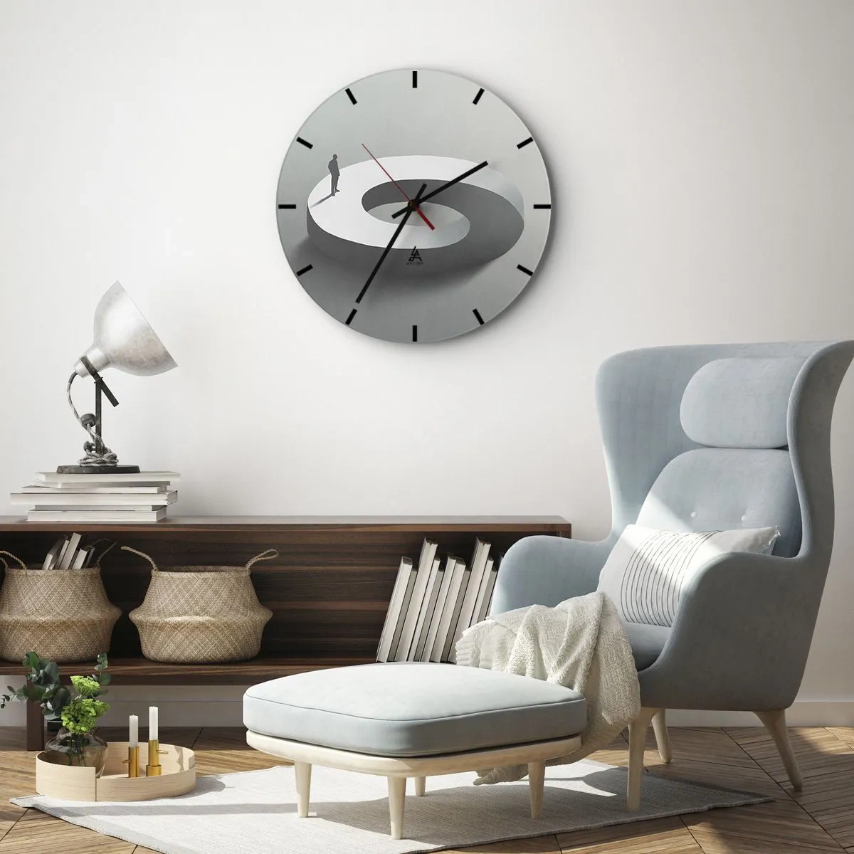 Reloj de pared - Reloj de vidrio - Una silueta negra de un hombre parado sobre una vía en espiral blanca. - 30x30cm - Ser sabio no es una labor sencilla - Decoración de pared moderna para salón, cocina y dormitorio ARTTOR