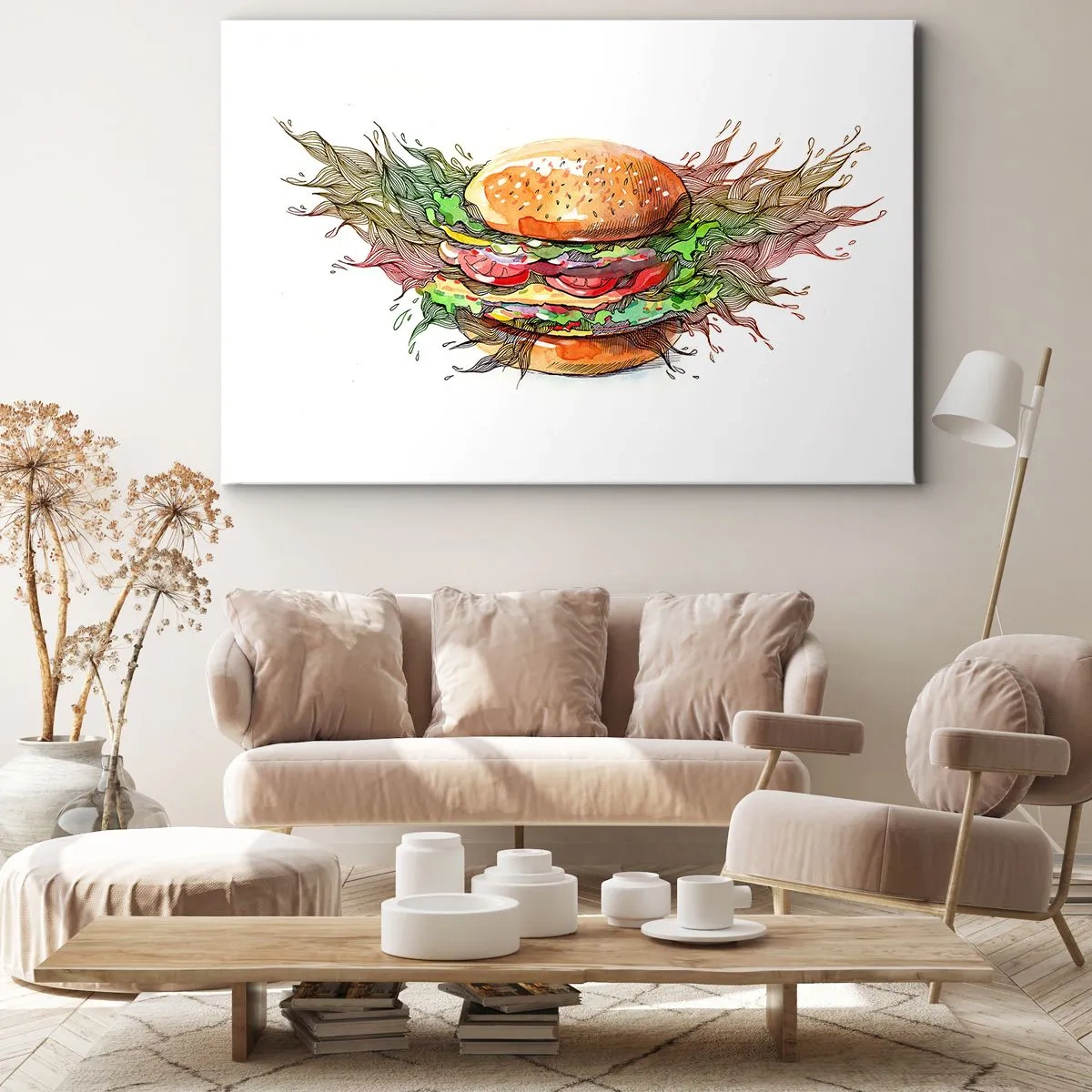 Cuadro sobre lienzo - Impresión de Imagen - Ilustración artística de una hamburguesa con elementos dinámicos. - 120x80cm - Tentación irresistible - Decoración de pared moderna para salón y dormitorio ARTTOR