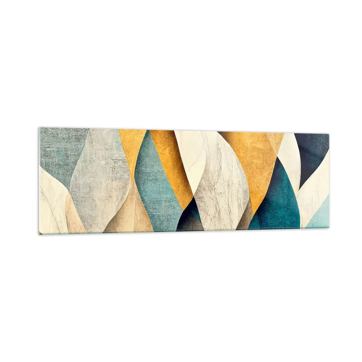 Cuadro sobre vidrio - Impresiones sobre Vidrio - Ondas abstractas en tonos azules y dorados. - 160x50cm - Ritmo y ondulación - Decoración de pared moderna para salón y dormitorio ARTTOR