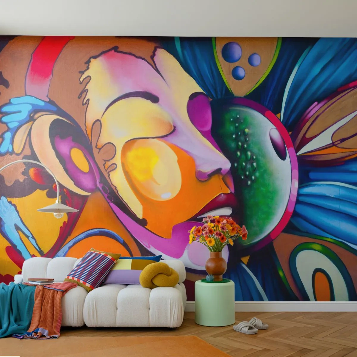 Fotomural Premium Canvas - Una abstracción colorida con un motivo facial en una composición dinámica. - 100x70cm - Toque de color - Decoración de pared moderna para salón y dormitorio ARTTOR