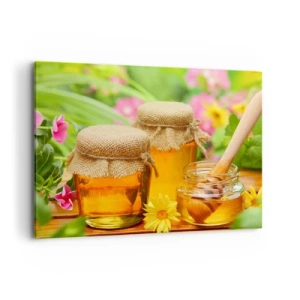 Cuadro sobre lienzo - Impresión de Imagen - Tarros de miel con flores sobre el fondo de un jardín de verano. - 100x70cm - Dulce y floral - Decoración de pared moderna para salón y dormitorio ARTTOR