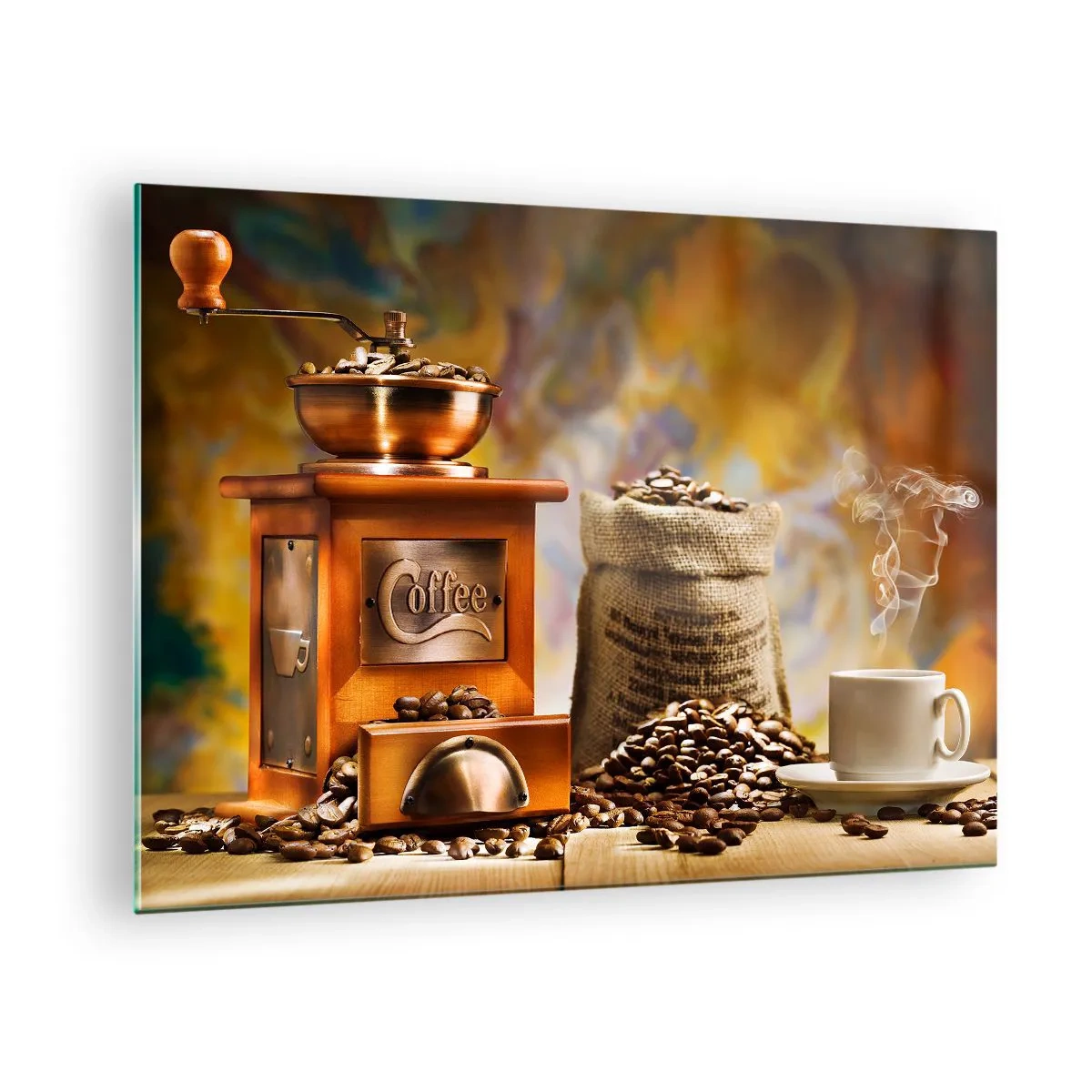 Cuadro sobre vidrio - Impresiones sobre Vidrio - Molinillo de café, granos y una taza sobre una mesa de madera. - 70x50cm - El crujido de los granos, el ruido del molino - Decoración de pared moderna para salón y dormitorio ARTTOR