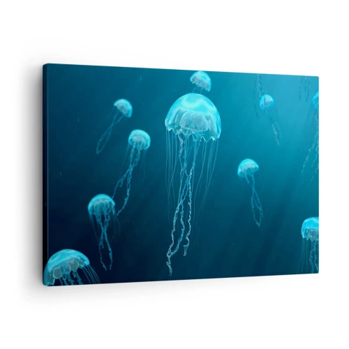 Cuadro sobre lienzo - Impresión de Imagen - Medusas flotando en las profundidades del océano en tonos azules. - 70x50cm - Danza oceánica - Decoración de pared moderna para salón y dormitorio ARTTOR