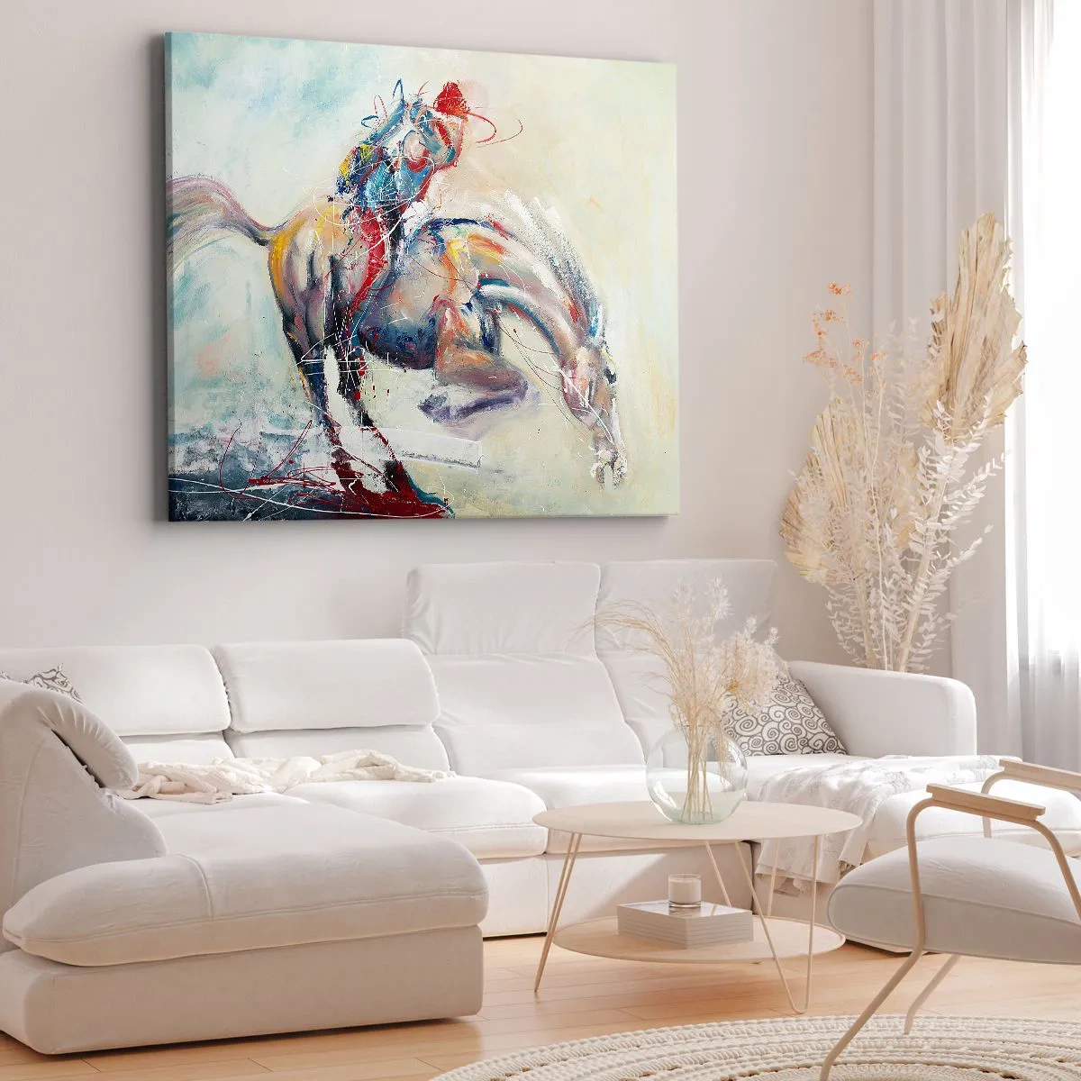 Cuadro sobre lienzo - Impresión de Imagen - Una imagen dinámica de un caballo en un estilo artístico abstracto. - 70x50cm - Sujétate y vamos - Decoración de pared moderna para salón y dormitorio ARTTOR
