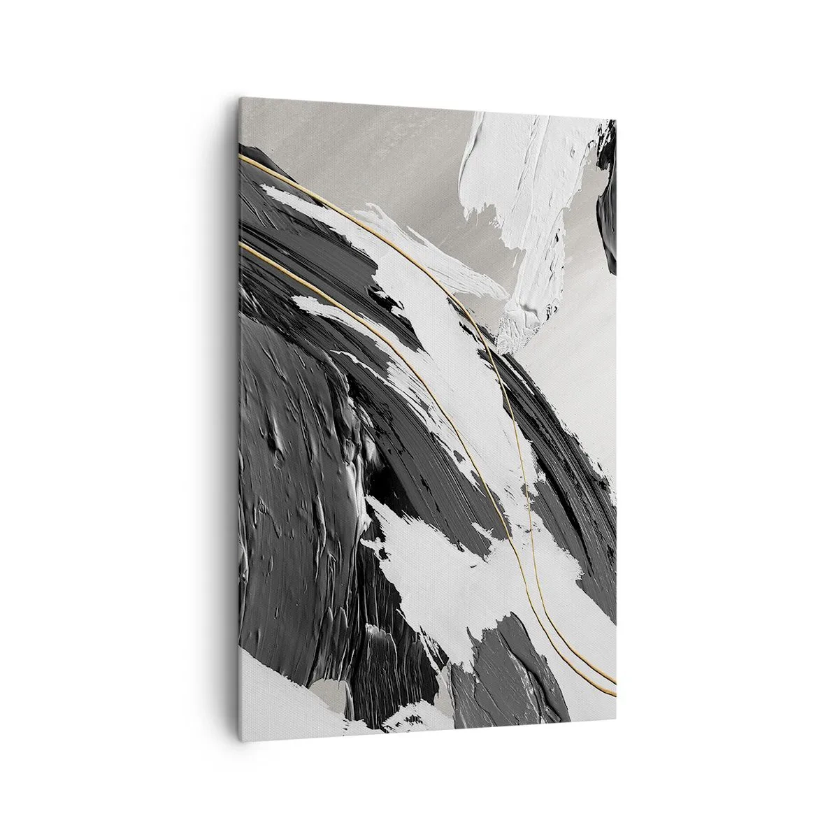 Cuadro sobre lienzo - Impresión de Imagen - Trazos de pintura en blanco y negro con un sutil acento dorado. - 80x120cm - Abstracción con estilo - Decoración de pared moderna para salón y dormitorio ARTTOR