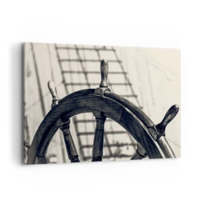 Cuadro sobre lienzo - Impresión de Imagen - Un timón de vela de estilo retro con un barco al fondo. - 100x70cm - Un cuento marino - Decoración de pared moderna para salón y dormitorio ARTTOR