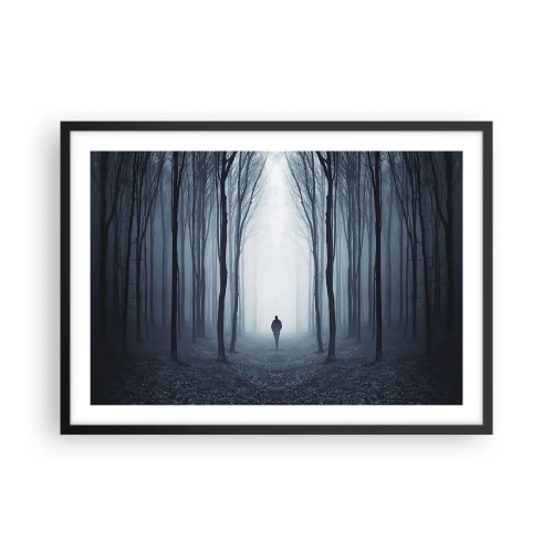 Póster en marco negro - Una figura caminando entre los árboles en un bosque brumoso. - 70x50cm - Alto y claro - Decoración de pared moderna para salón y dormitorio ARTTOR