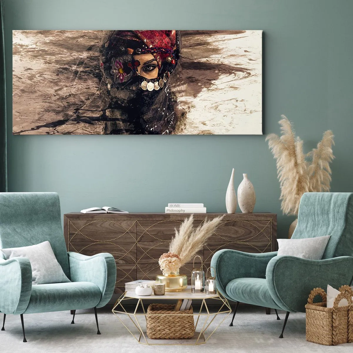 Cuadro sobre lienzo - Impresión de Imagen - Retrato artístico de una mujer con atuendo oriental sobre un fondo abstracto. - 140x50cm - Inquietante, como mínimo - Decoración de pared moderna para salón y dormitorio ARTTOR