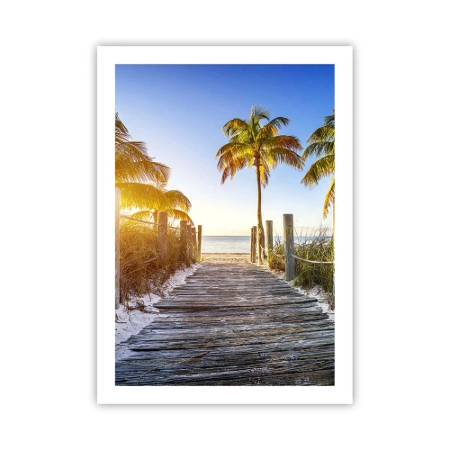 Póster - Camino de madera a la playa con palmeras a la luz del sol. - 50x70cm - Directo al paraíso - Decoración de pared moderna para salón y dormitorio ARTTOR