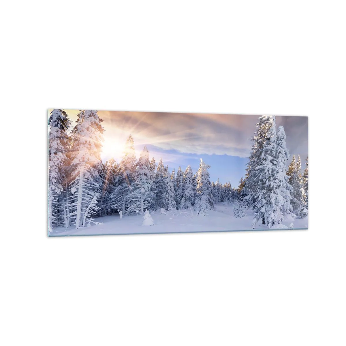 Cuadro sobre vidrio - Impresiones sobre Vidrio - Paisaje invernal con un bosque nevado al atardecer - 120x50cm - Un espectáculo de naturaleza nevada - Decoración de pared moderna para salón y dormitorio ARTTOR