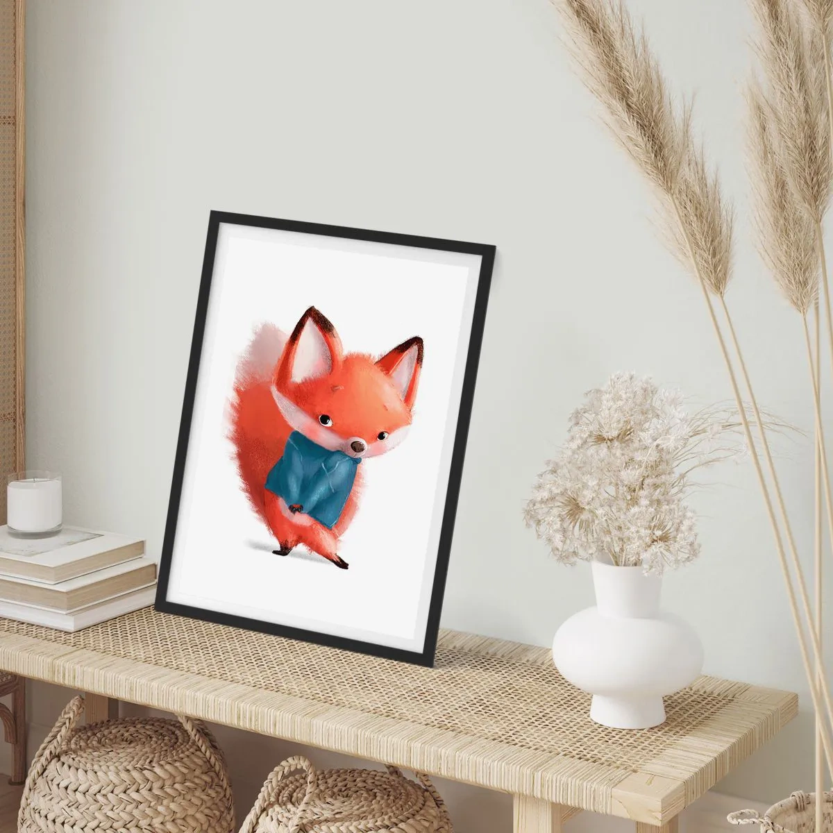 Póster en marco negro - Un encantador zorro rojo con un suéter azul. - 50x70cm - ¿Me veo bien con esto? - Decoración de pared moderna para salón y dormitorio ARTTOR
